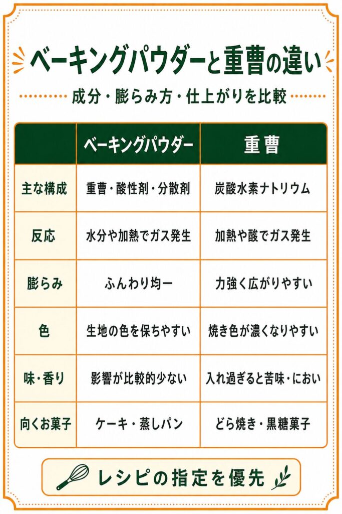 ベーキングパウダーと重曹の構成・反応・膨らみ・色・味・向くお菓子を比較した図