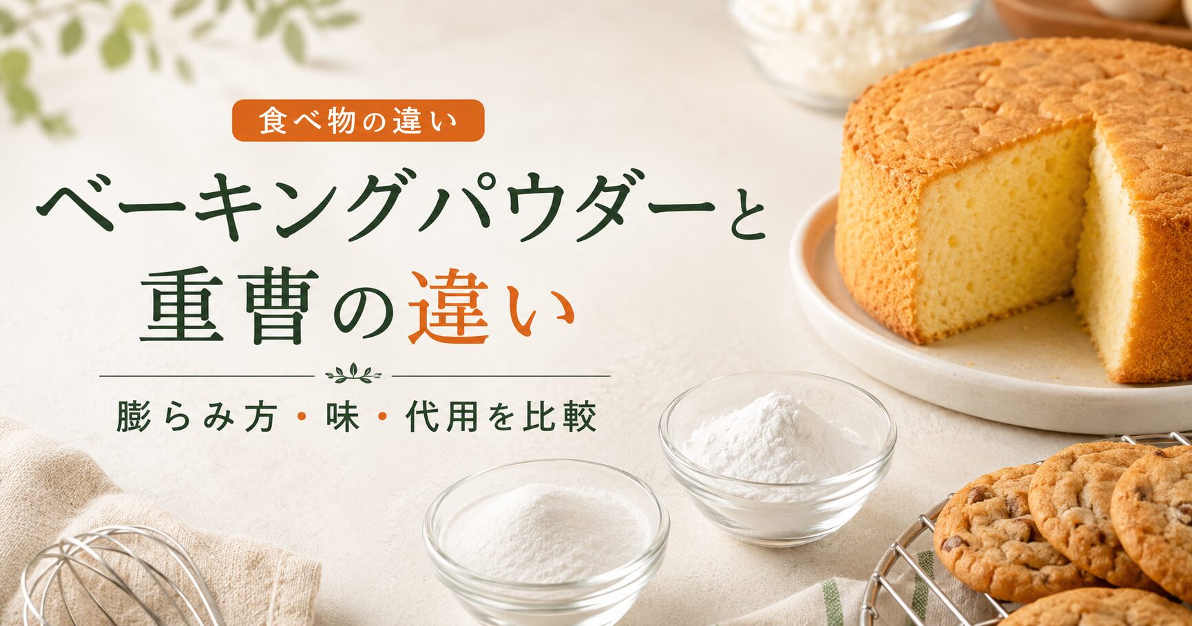 ベーキングパウダーと重曹の違いを膨らみ方・味・代用の観点から紹介するアイキャッチ画像