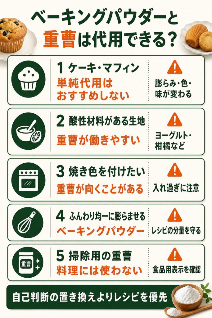 ケーキ・酸性材料の生地・焼き色・均一な膨らみでベーキングパウダーと重曹を代用できるか示した図