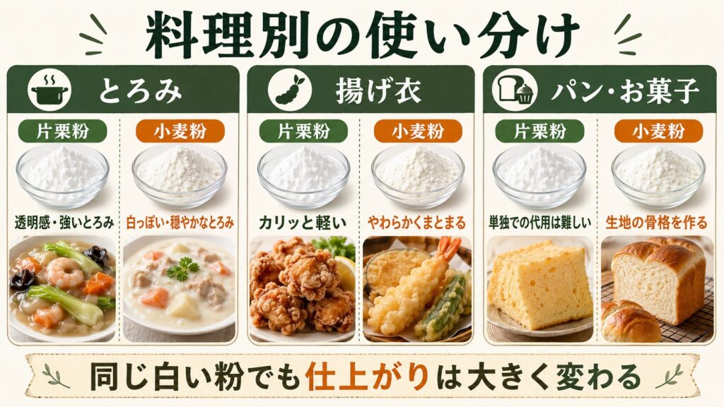 とろみ・揚げ衣・パンやお菓子における片栗粉と小麦粉の使い分けを示す図