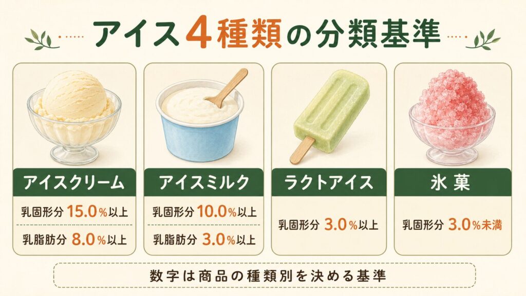アイスクリーム・アイスミルク・ラクトアイス・氷菓の乳成分による分類基準