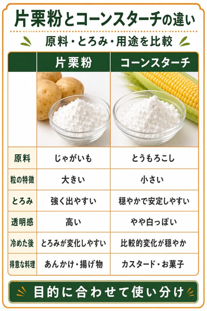 片栗粉とコーンスターチの原料・粒・とろみ・透明感・冷めた後・得意な料理を比較した図
