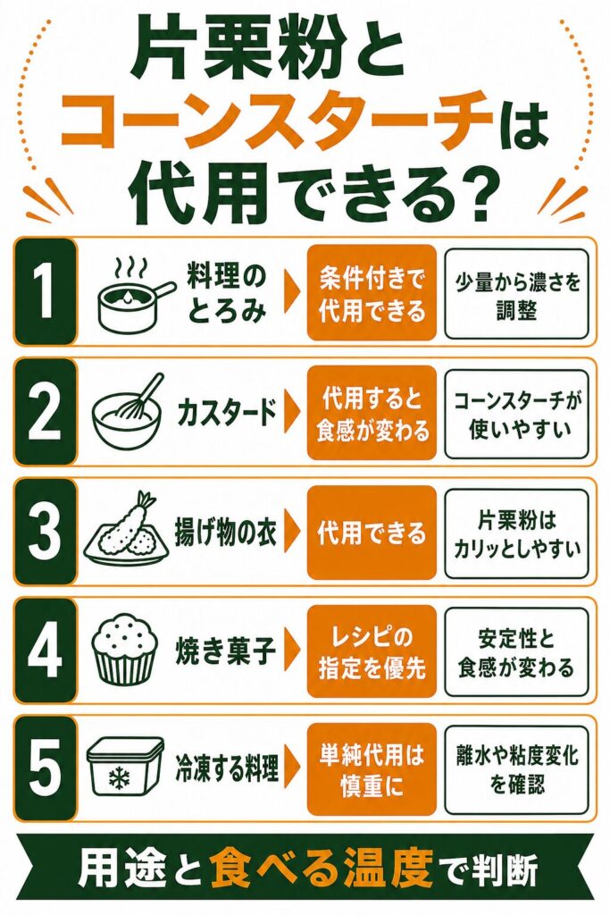 とろみ・カスタード・揚げ物・焼き菓子・冷凍料理で片栗粉とコーンスターチを代用できるか示した図