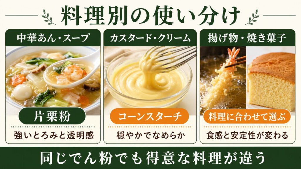 中華あん・カスタード・揚げ物や焼き菓子で片栗粉とコーンスターチを使い分ける方法を示した図