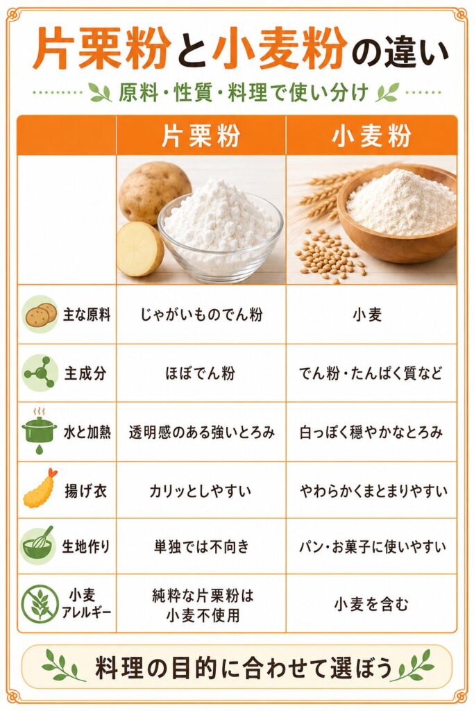 片栗粉と小麦粉の原料・主成分・とろみ・揚げ衣・生地作り・小麦アレルギーの違いを比較した図