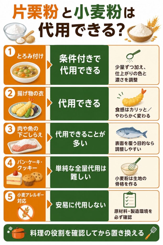 とろみ付け・揚げ物・下ごしらえ・パンやお菓子で片栗粉と小麦粉を代用できるか示す判断図