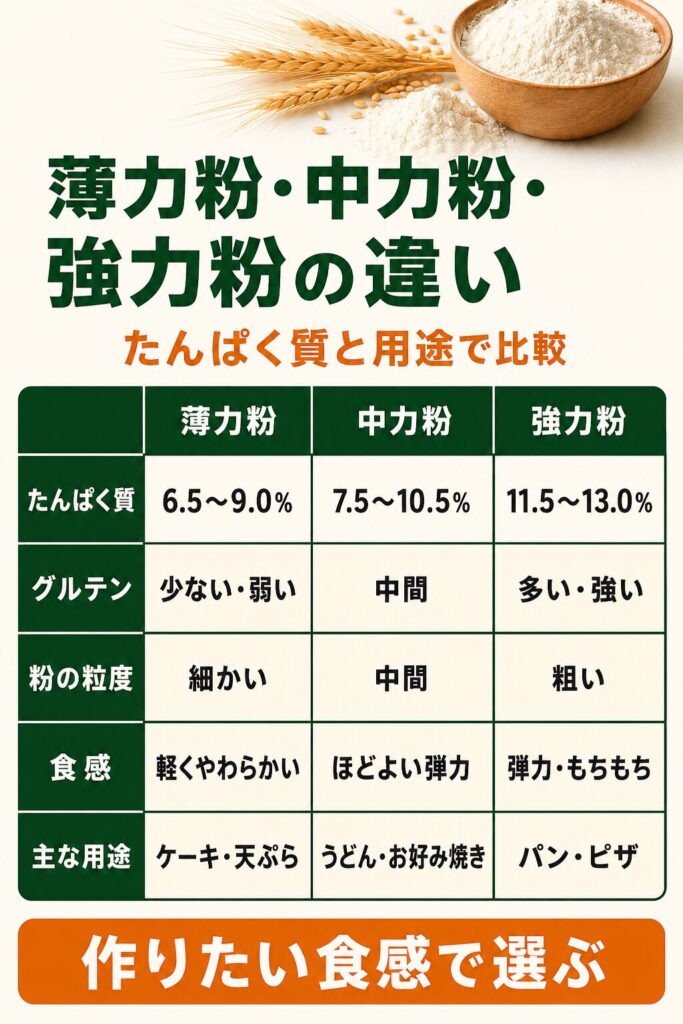 薄力粉・中力粉・強力粉のたんぱく質・グルテン・粒度・食感・用途を比較した図