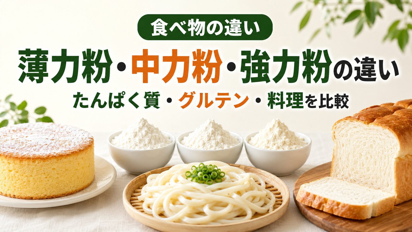 薄力粉・中力粉・強力粉の違いをたんぱく質・グルテン・料理の観点から紹介するアイキャッチ画像