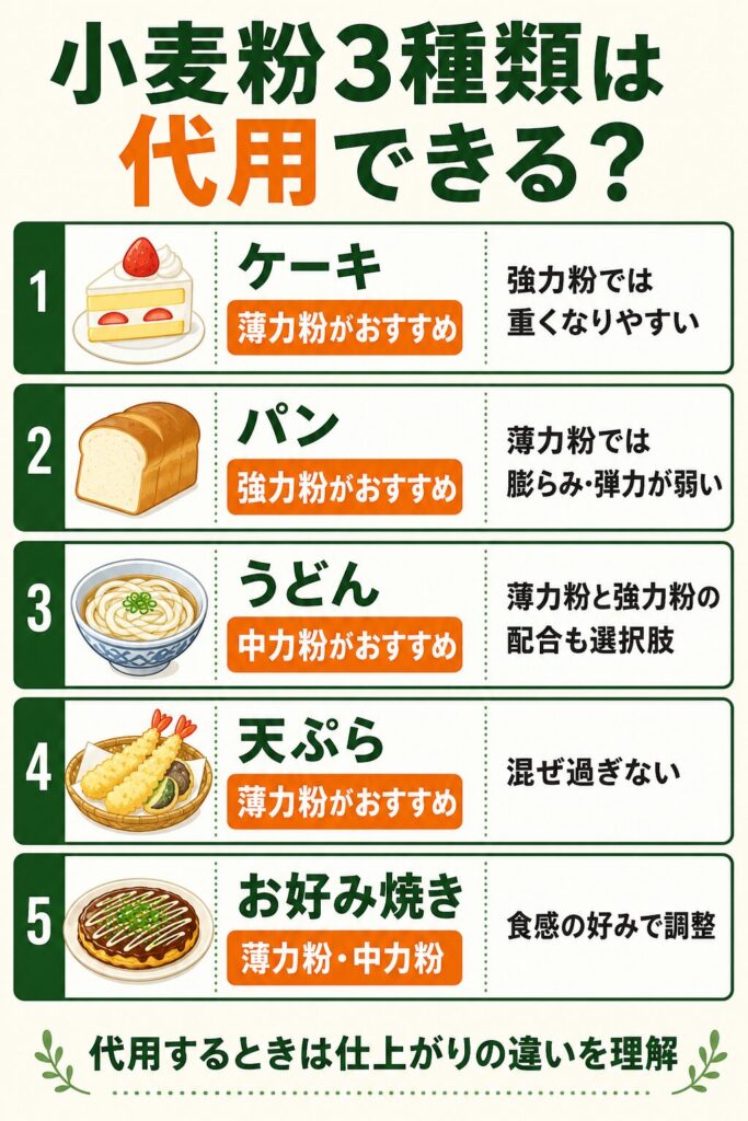 ケーキ・パン・うどん・天ぷら・お好み焼きで薄力粉・中力粉・強力粉を代用できるか示した図