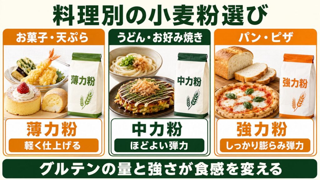 お菓子と天ぷら・うどんとお好み焼き・パンとピザに向く小麦粉を示した料理別の選び方図