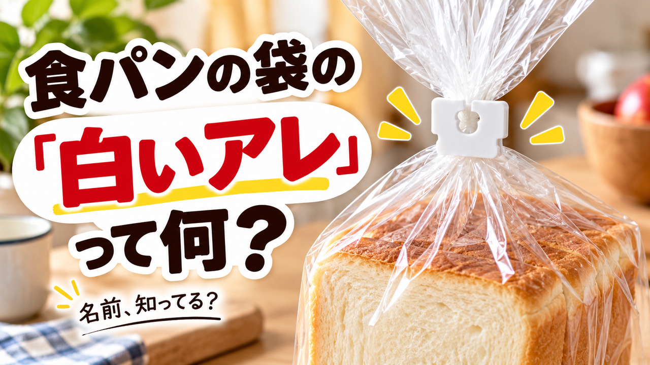 食パンの袋を留める白い留め具について「白いアレって何？」と問いかけるアイキャッチ