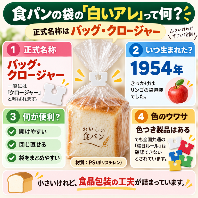 バッグ・クロージャーの正式名称、1954年の誕生、開け閉めできる特徴、材質、色の疑問をまとめた図解