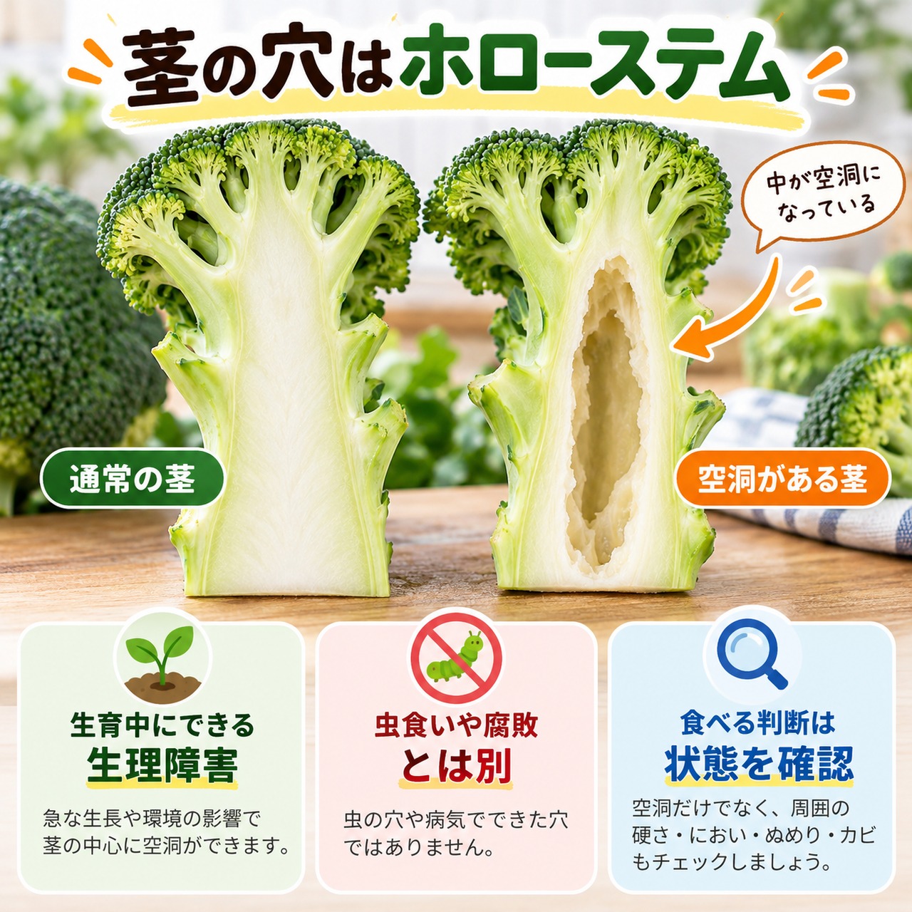 通常のブロッコリーの茎と中央に空洞があるホローステムを比較した図