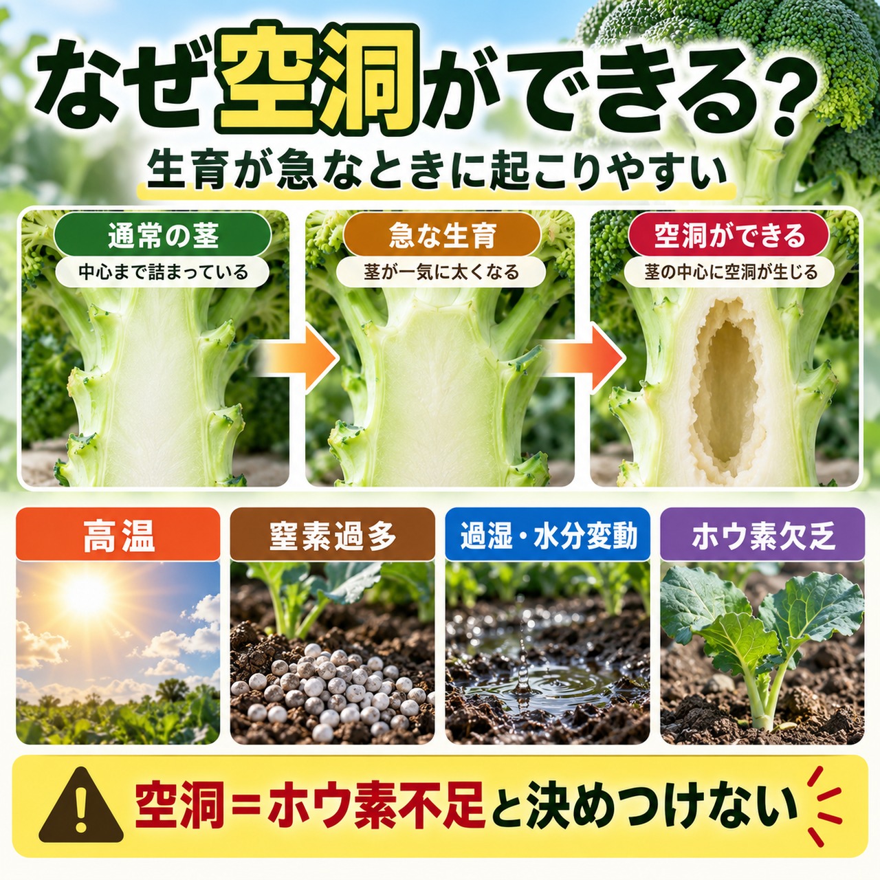 高温や窒素過多、過湿による急成長、ホウ素欠乏とブロッコリーの茎空洞症の関係を示した図