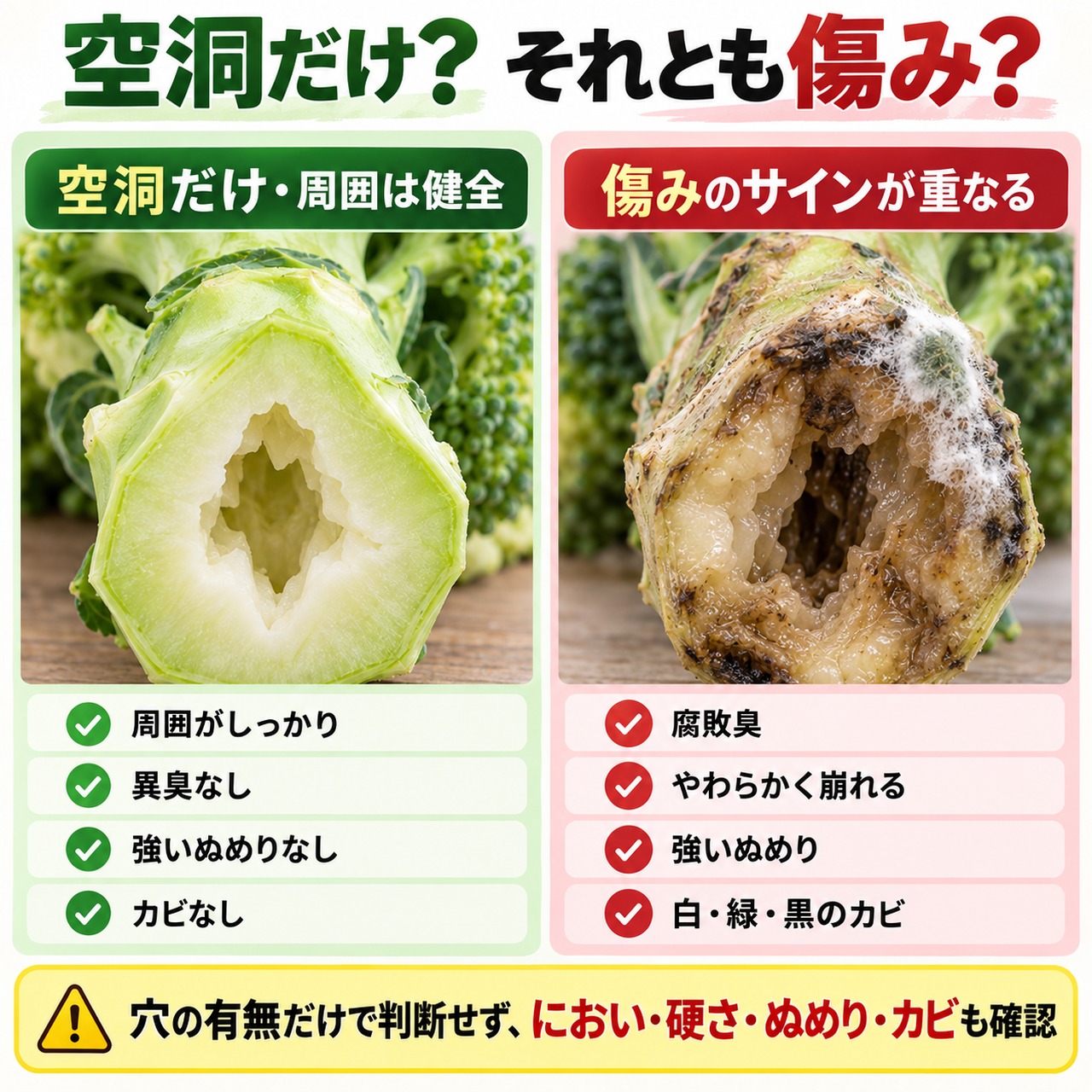 空洞だけで周囲が健全なブロッコリーと、カビや腐敗を伴うブロッコリーの比較