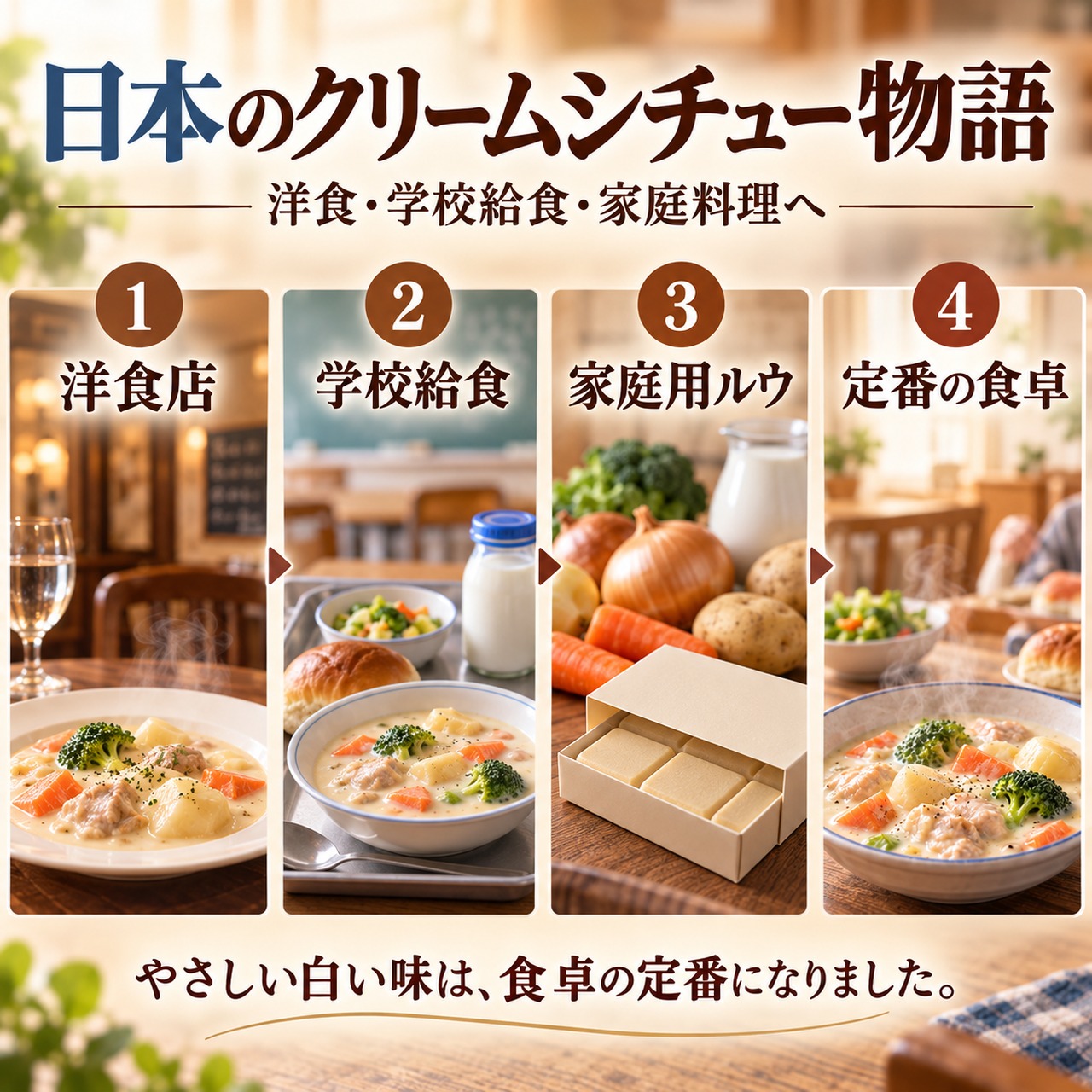 洋食店、学校給食、家庭用ルウ、家庭の定番へと日本のクリームシチューが広がる流れ