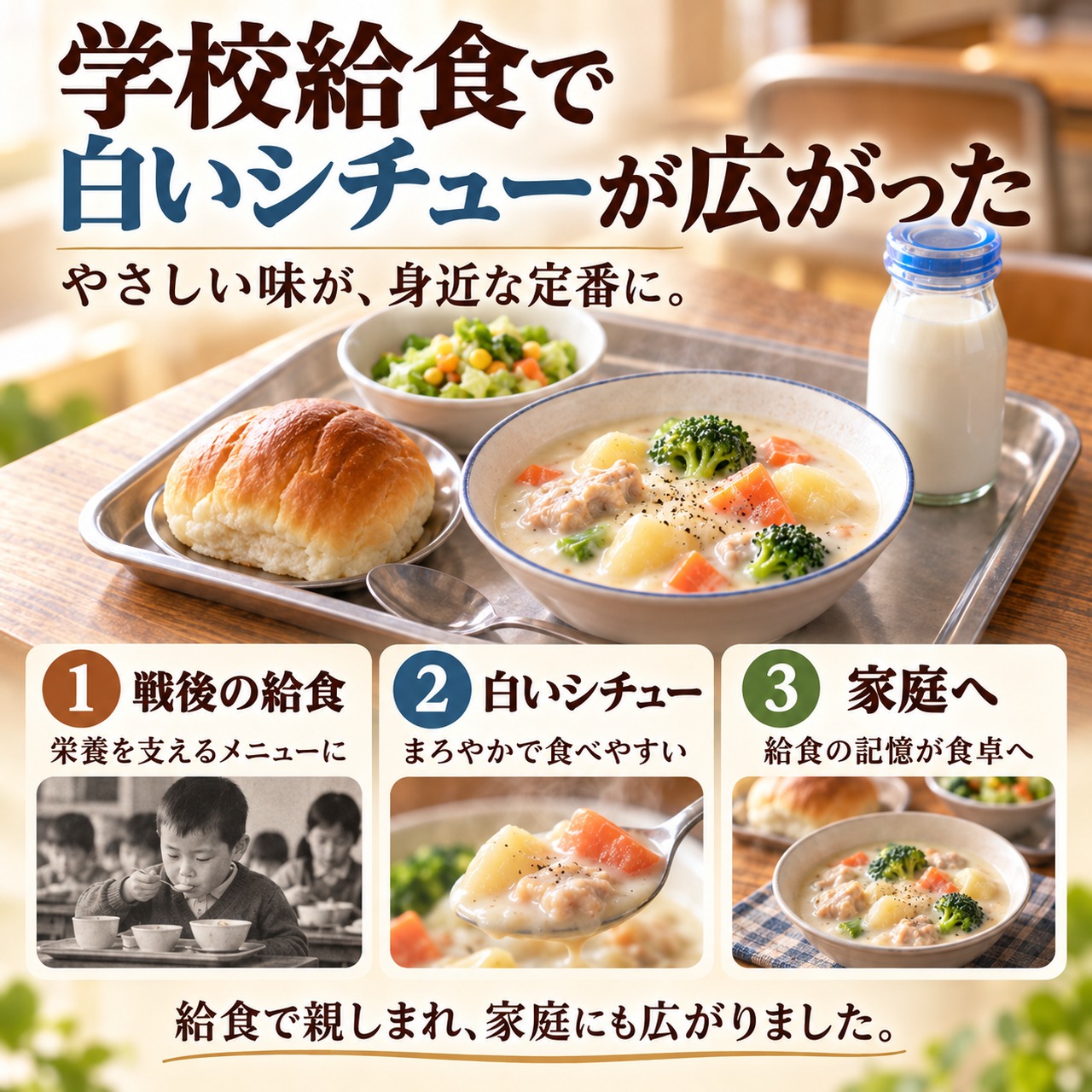 学校給食の白いシチューが子どもたちに親しまれ、家庭へ広がっていく様子