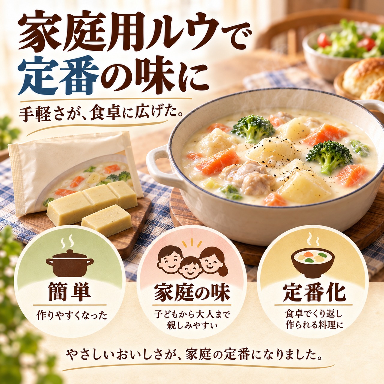 家庭用ルウの登場でクリームシチューが簡単に作れるようになり家庭料理として定着した様子