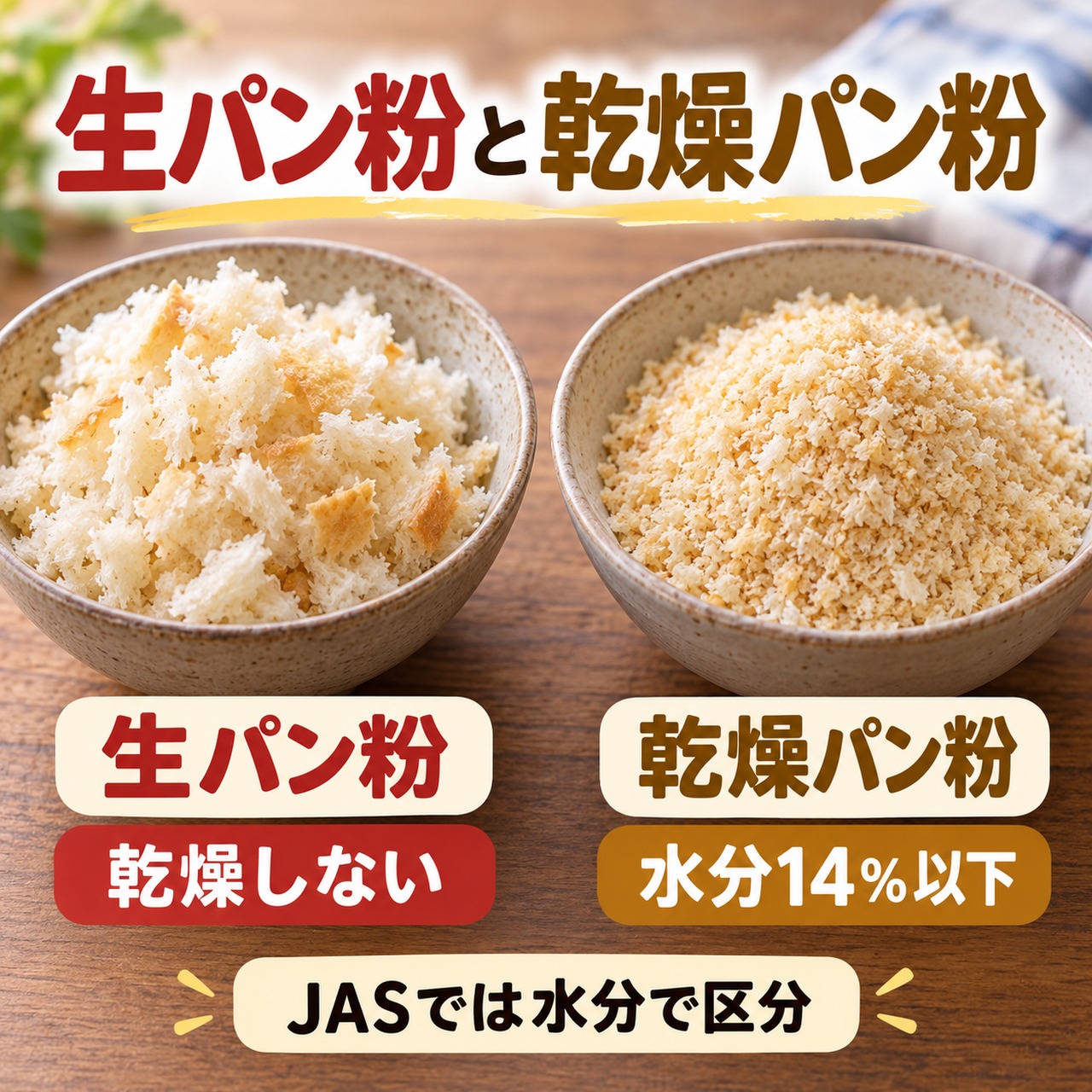 生パン粉は乾燥しない、乾燥パン粉は水分14%以下というJAS上の違い