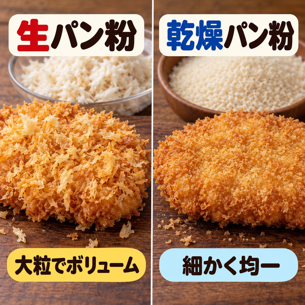 生パン粉の大きく立った衣と、乾燥パン粉の細かく均一な衣を比較した揚げ物