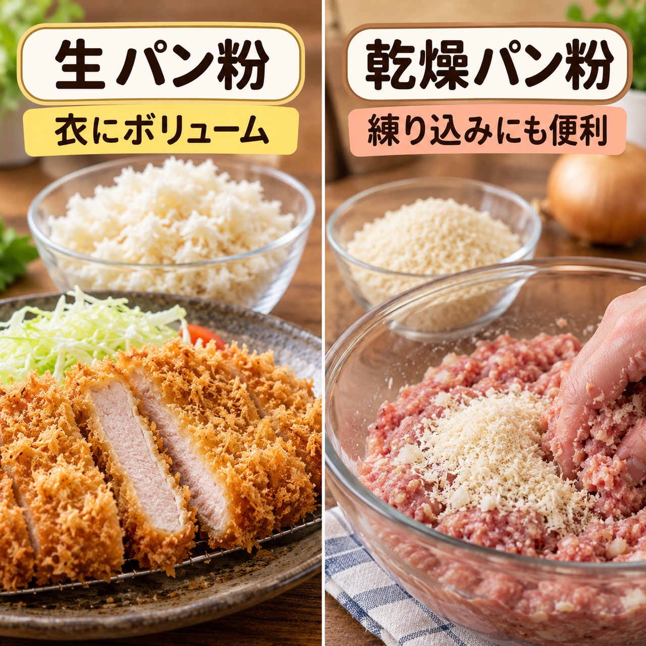 生パン粉を揚げ物の衣に、乾燥パン粉をひき肉料理へ練り込む使い分け