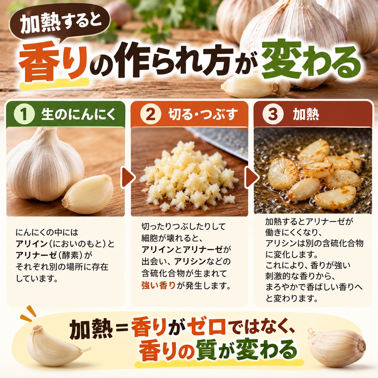 生のにんにくを切る・つぶすとアリシンなどが生まれ、加熱するとアリナーゼが働きにくくなって香りの質が変わることを示した図