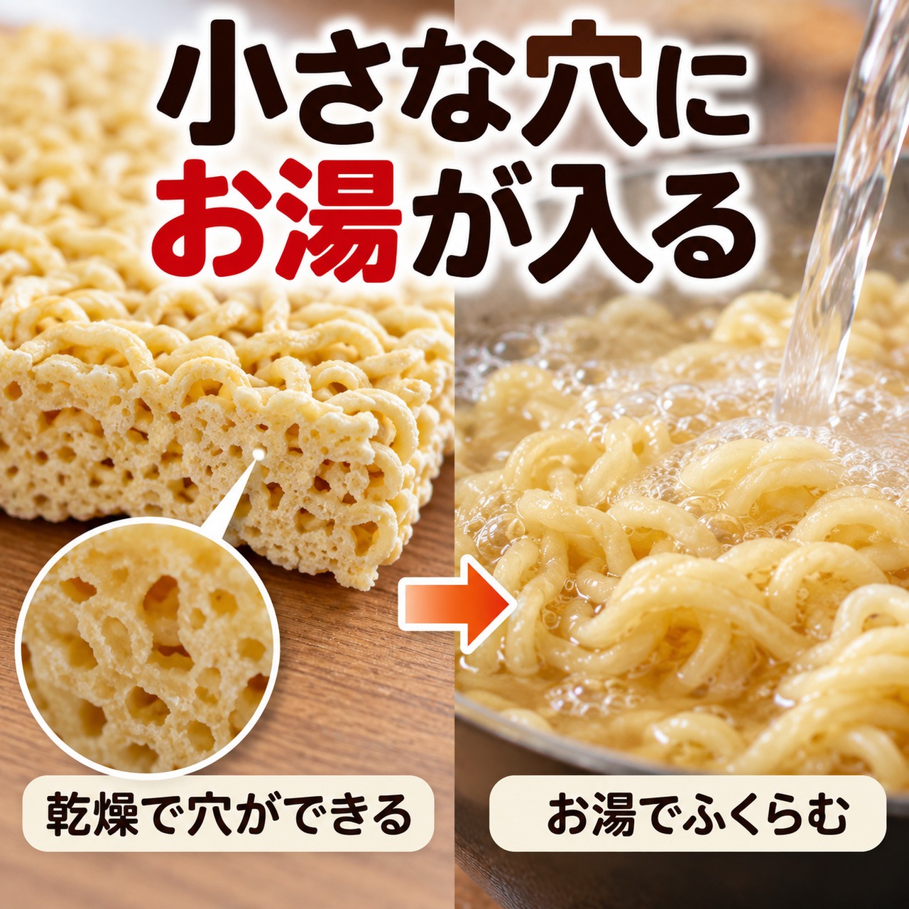 乾燥したインスタントラーメンに小さな穴ができ、お湯が入り込んで麺がふくらむ仕組み