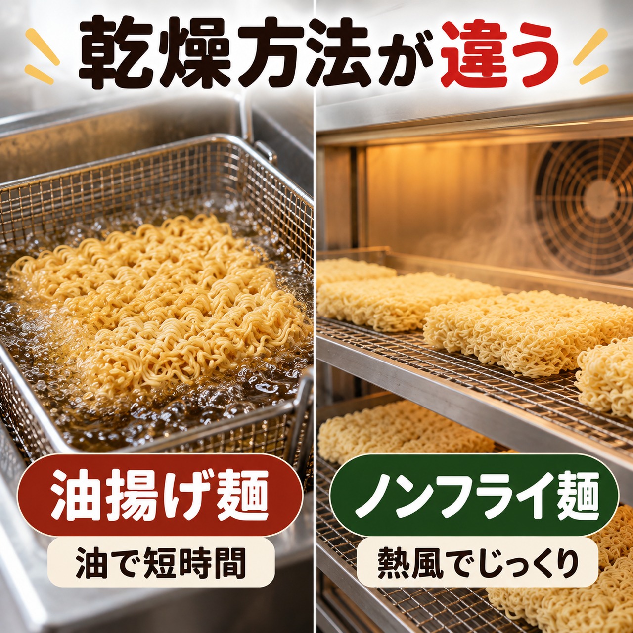 油で短時間乾燥する油揚げ麺と、熱風で乾燥するノンフライ麺の違い