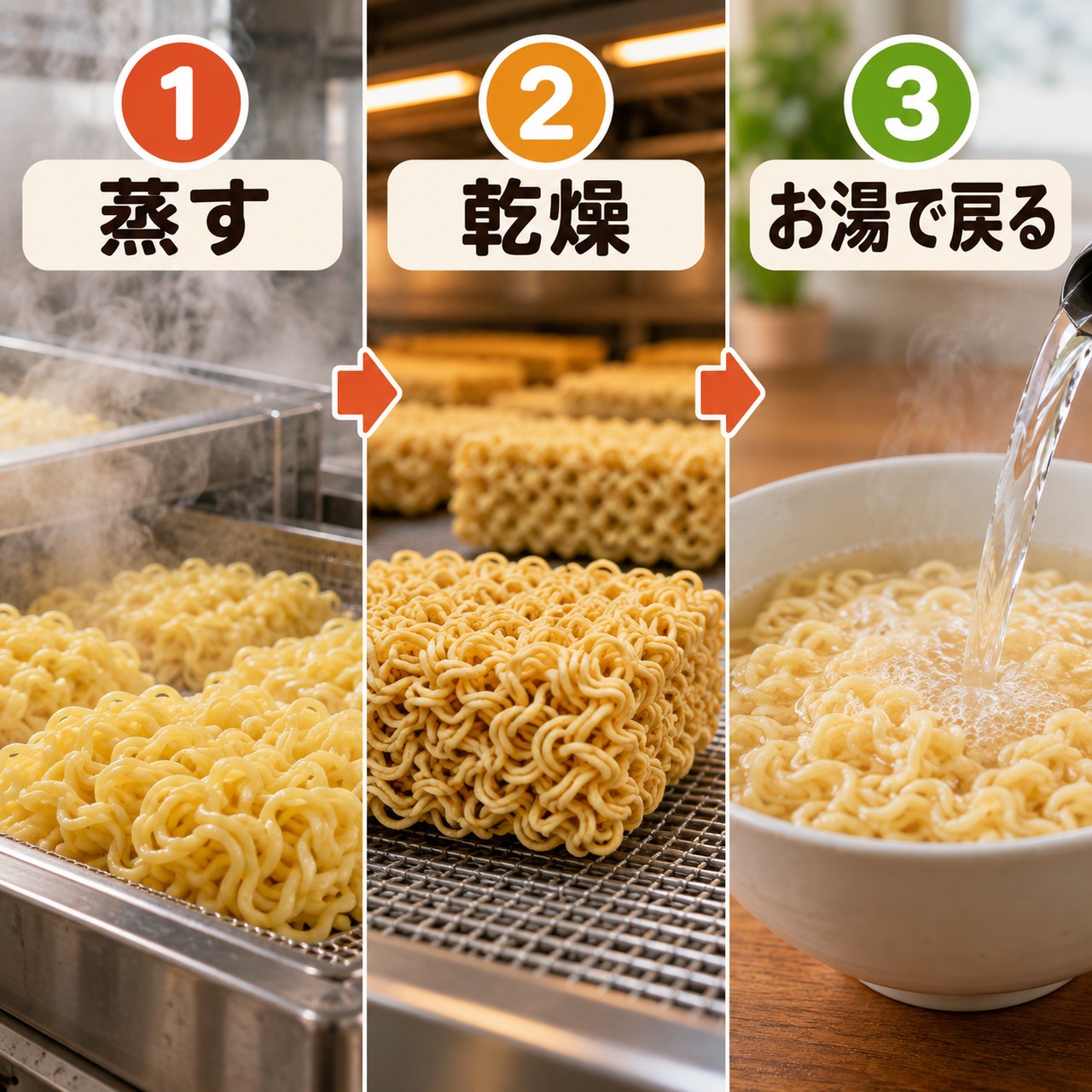 インスタントラーメンを蒸す、乾燥する、お湯で戻すという3工程