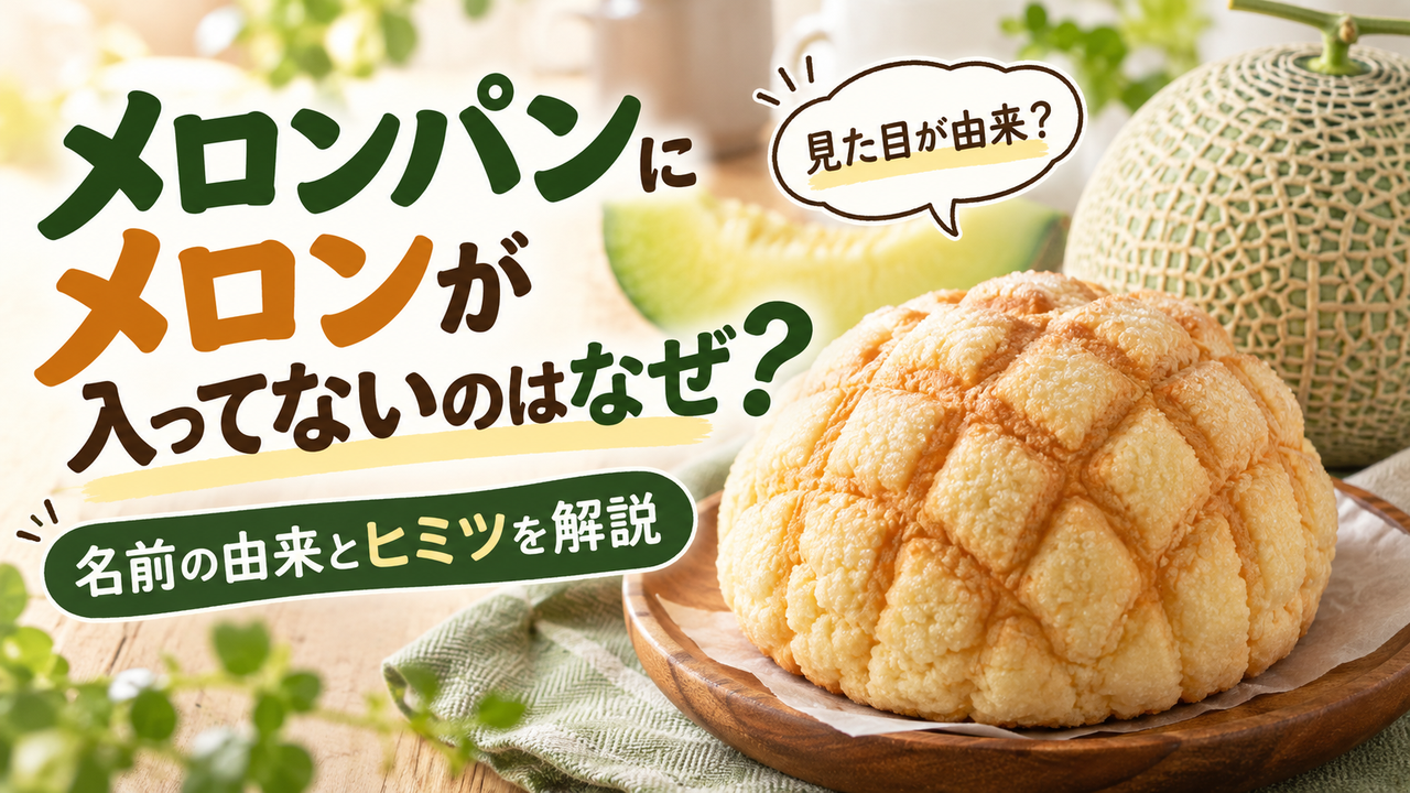 メロンパンとメロンを並べ、なぜメロンパンと呼ぶのか問いかけるアイキャッチ