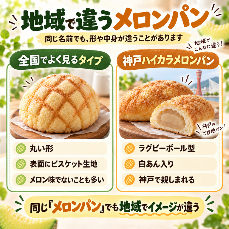 全国で一般的な丸いメロンパンと、神戸のラグビーボール型白あん入りハイカラメロンパンを比較した図解