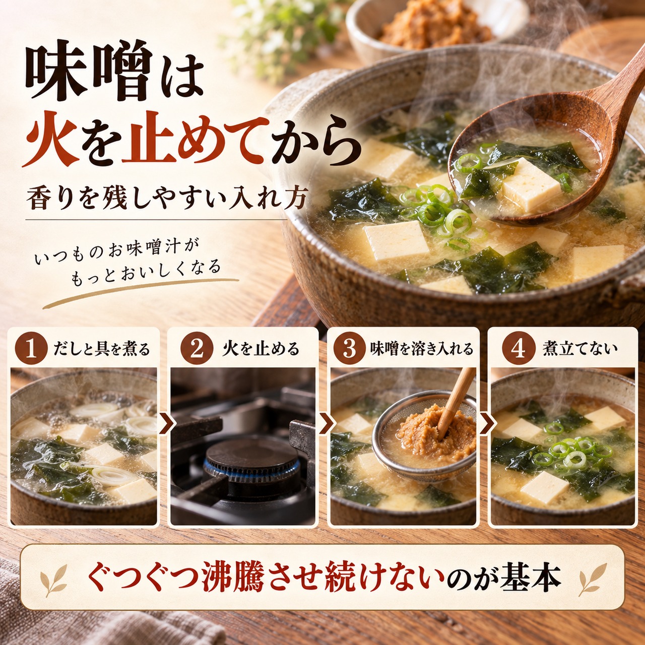 だしと具を煮る、火を止める、味噌を溶き入れる、煮立てないという味噌汁の4手順