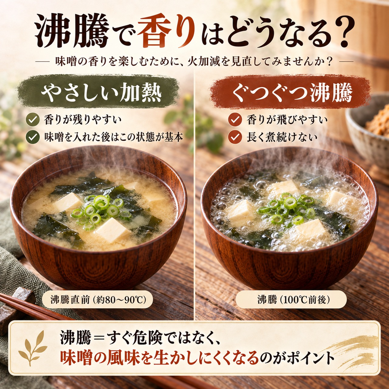 味噌汁をやさしく加熱した状態と、ぐつぐつ沸騰させた状態で香りの残り方を比較した図
