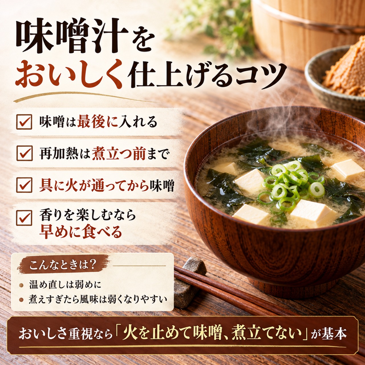 味噌を最後に入れる、再加熱は煮立つ前まで、具材に火を通してから味噌を入れるなど味噌汁をおいしく仕上げるコツ