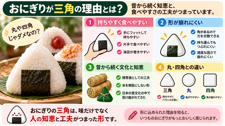 三角おにぎりについて、持ちやすさ・形・食文化・丸や四角との違いをまとめたインフォグラフィック