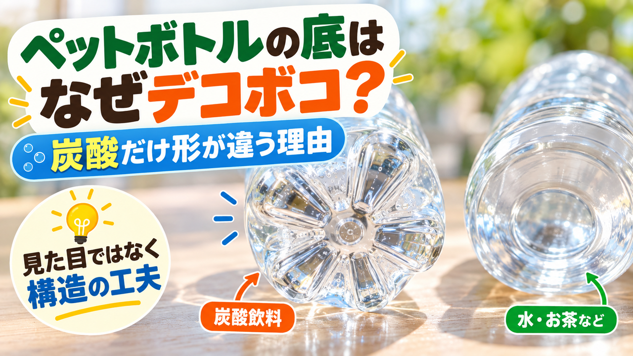 炭酸飲料と水・お茶のPETボトル底形状を比較し、なぜ底がデコボコなのか問いかけるアイキャッチ