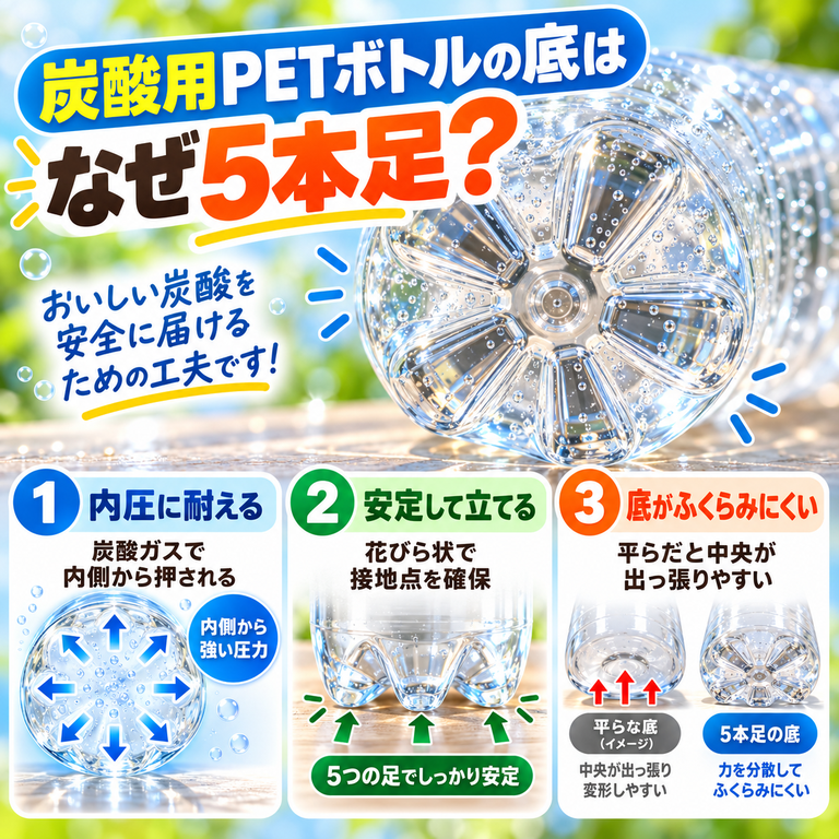 炭酸用PETボトルの底を上から見たペタロイド型と、内側から外側へかかる炭酸ガスの圧力を示した図解