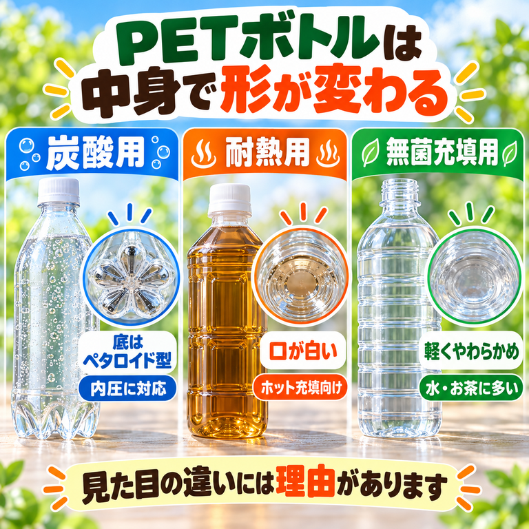 炭酸用の耐圧PETボトル、ホット充填用の耐熱PETボトル、無菌充填用PETボトルの底形状と口部の違いを比較した図解