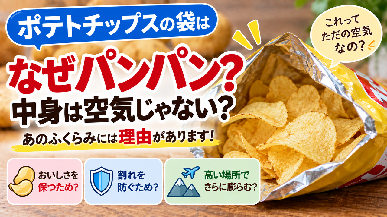 ポテトチップスの袋がなぜパンパンなのか、答えを出し切らず問いかけるアイキャッチ