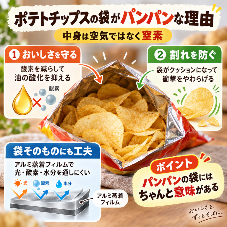 ポテトチップスの袋に窒素を入れる理由を、酸化防止と割れ防止の2つに分けて示した図解