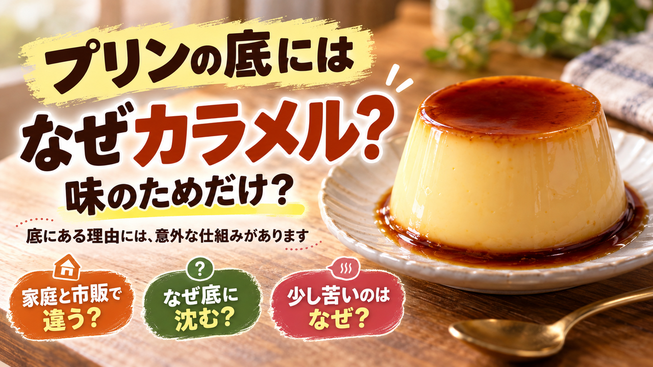 プリンの底にカラメルがある理由を問いかけるアイキャッチ