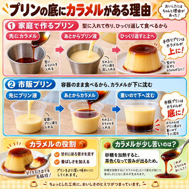 家庭で作るプリンと市販プリンで、カラメルが底に入る仕組みの違いを示した図解