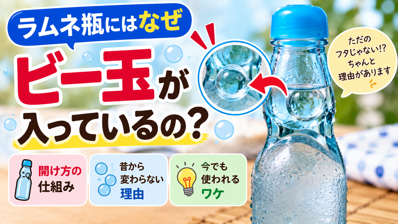 ラムネ瓶のビー玉に注目し「なぜ入っているの？」と問いかけるアイキャッチ