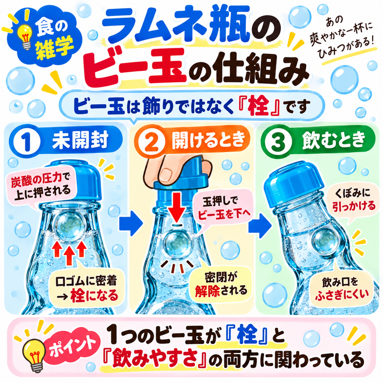 ラムネ瓶のビー玉が未開封・開封時・飲むときにどう働くかを示した図解