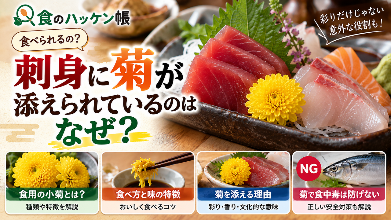 刺身の盛り合わせと黄色い食用小菊を見せ、刺身の横の菊は何のためか問いかけるアイキャッチ