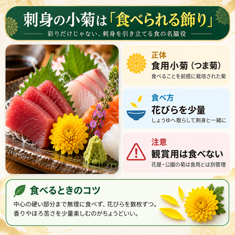 刺身に添えられる黄色い食用小菊と、花びらをしょうゆへ散らして食べる方法を示した図解