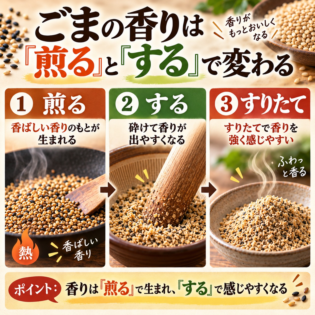ごまを煎る・する・すりたての3段階で香りの感じ方が変わる仕組み