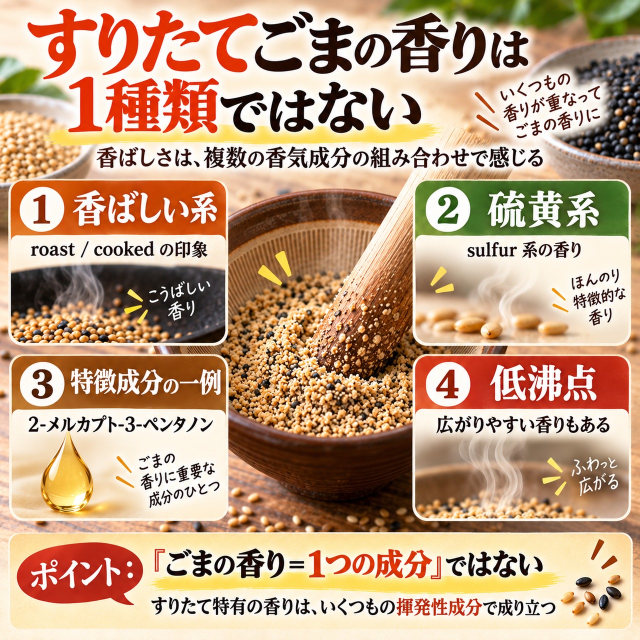 すりたてごまの香りを構成する香ばしい系、硫黄系、低沸点香気成分を示した図