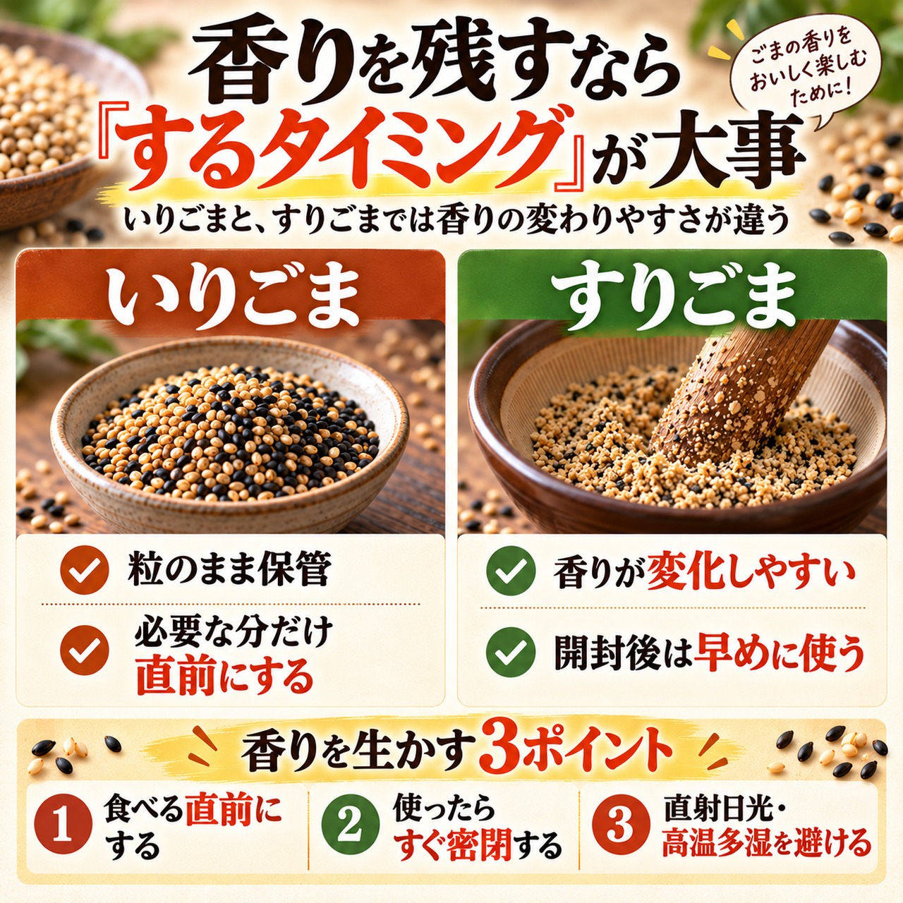 いりごまとすりごまの香りを生かす保存方法とするタイミングの比較