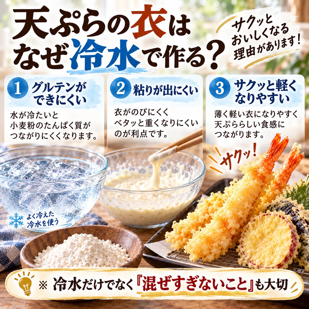 天ぷらの衣を冷水で作る理由を、グルテン・粘り・軽い食感の関係で説明した図